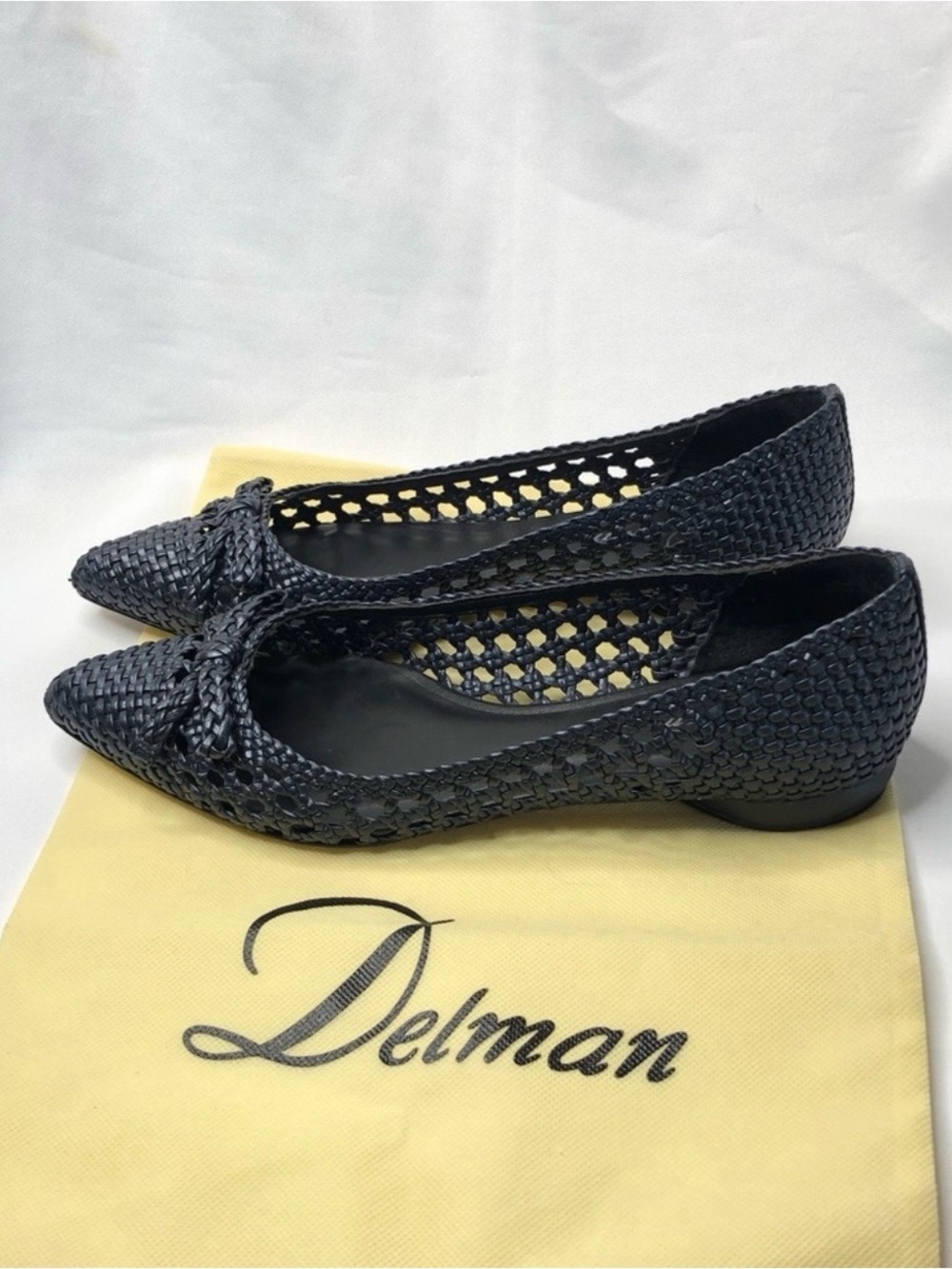 Delman Navy Woven Pointed-Toe Flats